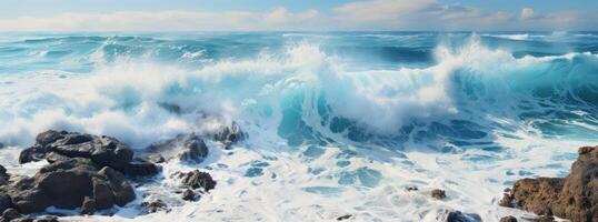 ai generado un zumbido Disparo de olas estrellarse terminado un arena playa, foto