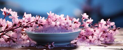 AI generated a bowl of salt with lilac flowers around it, photo