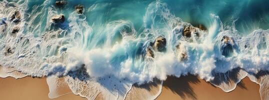 AI generated a drone shot of waves crashing over a sand beach, photo