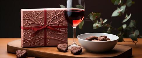 ai generado un botella de rojo vino es metido siguiente a un corazón conformado caja y chocolatescelebrar, foto