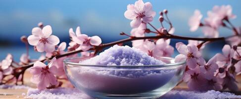 AI generated a bowl of salt with lilac flowers around it, photo