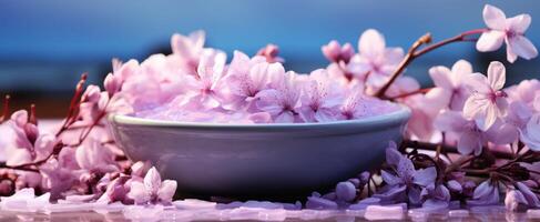 AI generated a bowl of salt with lilac flowers around it, photo