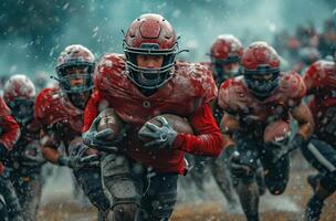 ai generado americano fútbol americano equipo corriendo apagado de el campo con fútbol americano en suelo foto