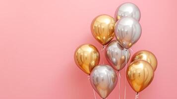 AI generated Gold and silver inflatable balloons on a minimalistic pink background with copy space photo