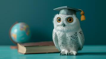 ai generado linda Nevado búho con grande ojos vistiendo un graduación gorra se sienta siguiente a un globo foto