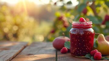 AI generated jar with raspberry jam stands on a wooden table next to it photo