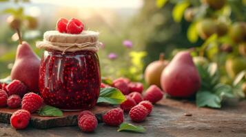 AI generated jar with raspberry jam stands on a wooden table next to it photo