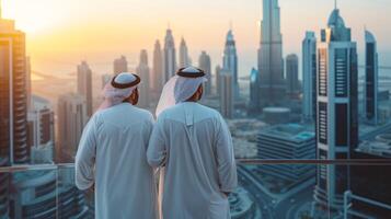 AI generated Handsome Arab men looking at Dubai from a skyscraper photo