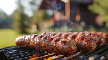 ai generado salchichas son A la parrilla. antecedentes borroso antecedentes de país casa y verano jardín foto