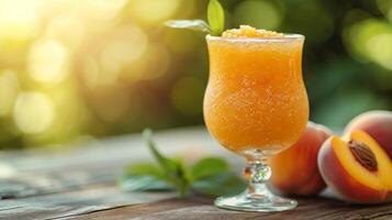 AI generated glass with apricot compote stands on a wooden table next to it photo