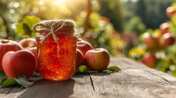 ai generado tarro con manzana mermelada soportes en un de madera mesa siguiente a eso foto