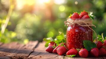 AI generated jar with raspberry jam stands on a wooden table next to it photo