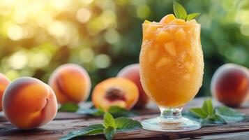 AI generated glass with apricot compote stands on a wooden table next to it photo