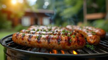 AI generated Sausages are grilled. Background blurred background of country house and summer garden photo