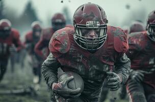 AI generated american football team running off of the field with football on ground photo