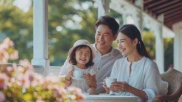 ai generado contento mamá, papá y hija Bebiendo té en el veranda de un clásico americano casa foto