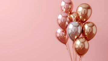 AI generated Gold and silver inflatable balloons on a minimalistic pink background with copy space photo