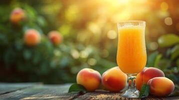 AI generated glass with apricot compote stands on a wooden table next to it photo