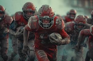 AI generated american football team running off of the field with football on ground photo