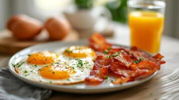 ai generado frito huevos y tocino en un hermosa blanco plato foto