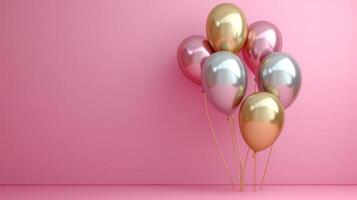 AI generated Gold and silver inflatable balloons on a minimalistic pink background with copy space photo