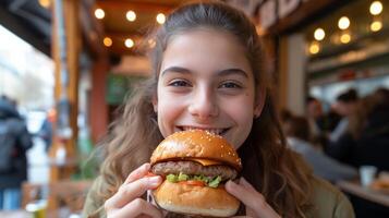 ai generado niña 12 años antiguo come un grande hamburguesa en un calle café en ciudad foto