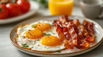 AI generated Fried eggs and bacon on a beautiful white plate photo