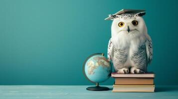 AI generated Cute Snowy Owl with big eyes wearing a graduation cap sits next to a globe photo