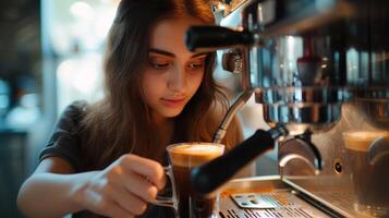 AI generated A beautiful young woman brews coffee in a modern coffee machine photo