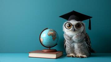 ai generado linda Nevado búho con grande ojos vistiendo un graduación gorra se sienta siguiente a un globo foto