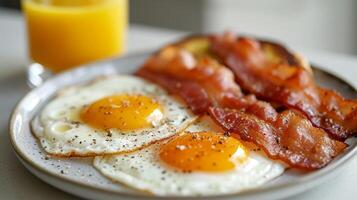 AI generated Fried eggs and bacon on a beautiful white plate photo