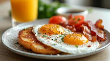 AI generated Fried eggs and bacon on a beautiful white plate photo