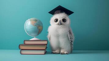 AI generated Cute Snowy Owl with big eyes wearing a graduation cap sits next to a globe photo
