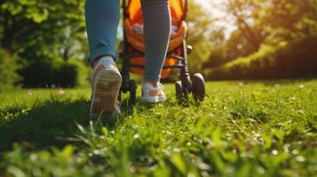 ai generado cerca arriba de un joven mujer camina con un vívido paseante con un recién nacido bebé en un soleado verano parque foto