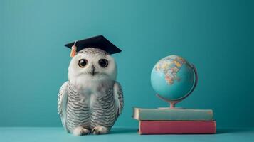 ai generado linda Nevado búho con grande ojos vistiendo un graduación gorra se sienta siguiente a un globo foto