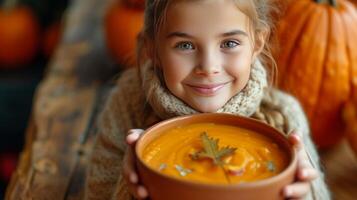 ai generado un 12 año antiguo niña come calabaza puré sopa foto