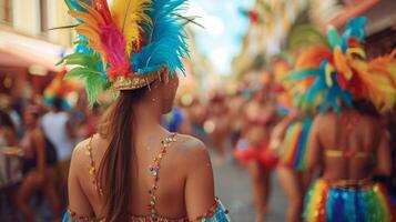 ai generado un hermosa mujer bailes a un carnaval en un carnaval disfraz foto