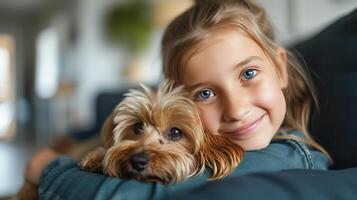 ai generado un 12 años de edad niña sostiene un mullido Yorkshire terrier perro en su brazos. foto