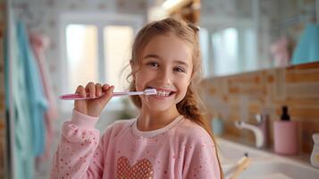 ai generado un 12 años de edad niña en rosado pijama con un corazón cepillos su dientes en un brillante baño foto