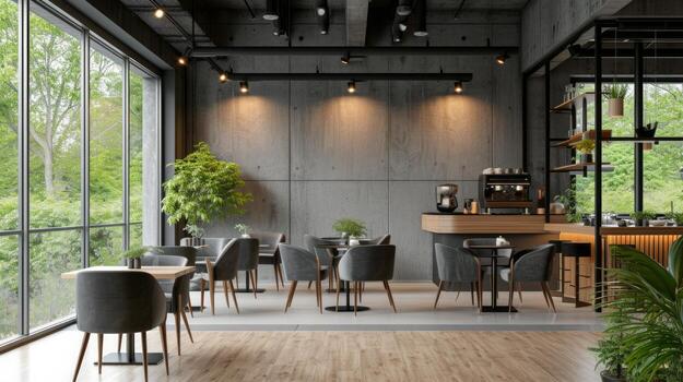 AI generated Design of a modern cafe in gray tones photo