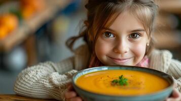 ai generado un 12 año antiguo niña come calabaza puré sopa foto