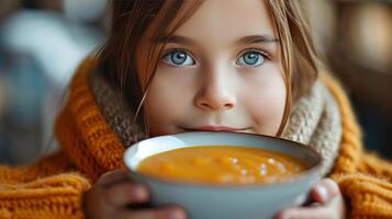 ai generado un 12 año antiguo niña come calabaza puré sopa foto