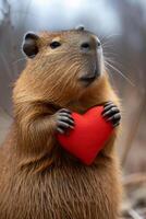 AI generated Capybara holds a big red heart in her paws on a minimalistic bright background photo