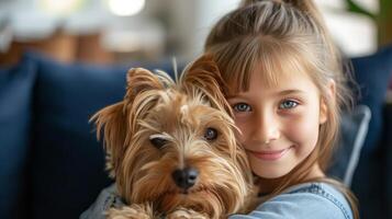 ai generado un 12 años de edad niña sostiene un mullido Yorkshire terrier perro en su brazos. foto