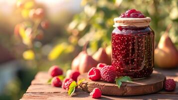 AI generated jar with raspberry jam stands on a wooden table next to it photo