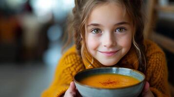 ai generado un 12 año antiguo niña come calabaza puré sopa foto