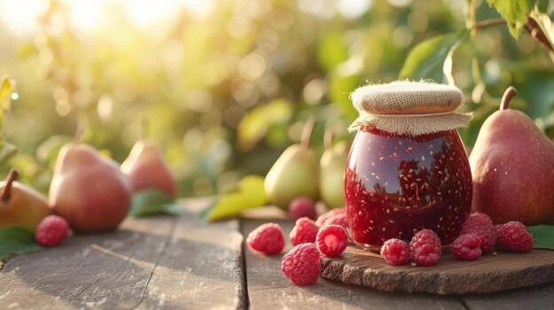 AI generated jar with raspberry jam stands on a wooden table next to it photo