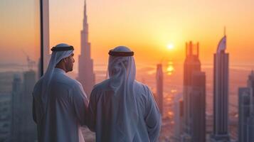 ai generado hermoso árabe hombres mirando a dubai desde un rascacielos foto