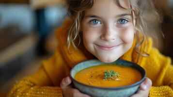 ai generado un 12 año antiguo niña come calabaza puré sopa foto