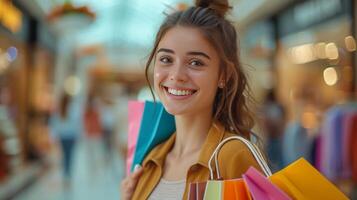 AI generated A beautiful smiling woman walks through a shopping center with multi-colored shopping bags in her hands photo